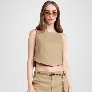 WAYF Women's Riley Khaki Crop Top Sleeveless Boat Neck Zip Back Minimal Chic XS